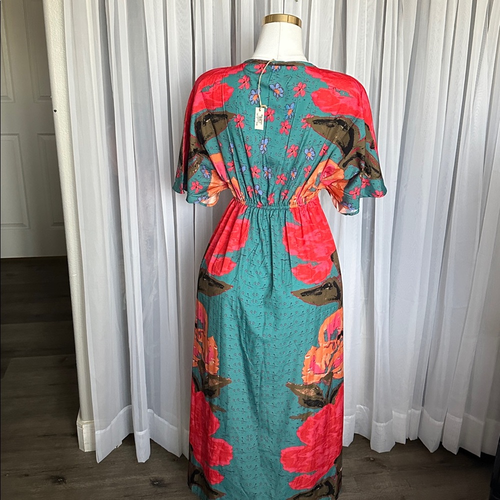 Boho Kimono Style Sleeves Floral Multicolor Long Dress - Picture 7 of 9